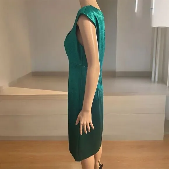 Connected Apparel Shiny Emerald Green Satin Finish Midi Dress Cap Sleeve - Picture 3 of 7